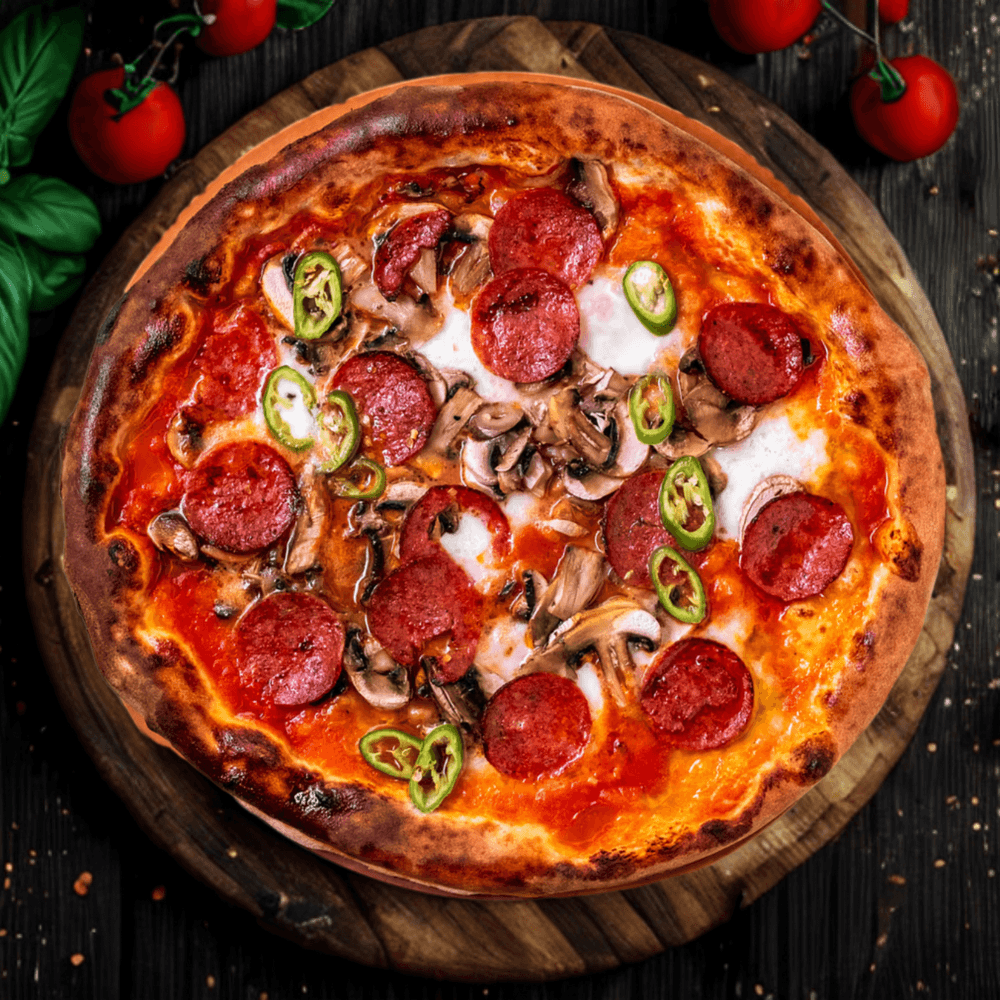 Pepperoni pizza with mushrooms